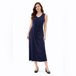 Dressbarn Midi Dress Navy Blue Signature Sadie faux wrap sleeveless Size 10